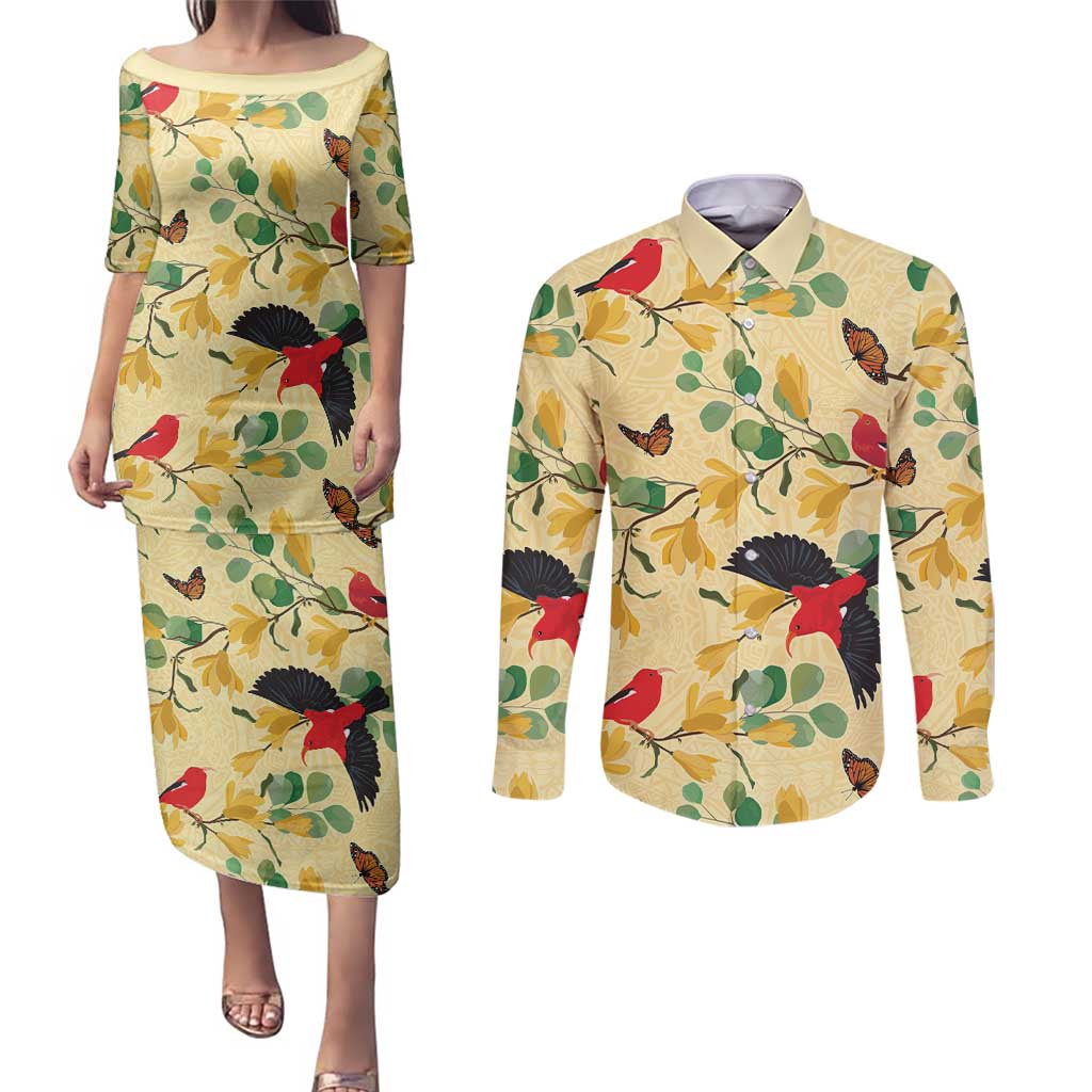 Aloha Hawaii Couples Matching Puletasi and Long Sleeve Button Shirt I'iwi on Mamane Pastel Cream LT7 Light Yellow - Polynesian Pride