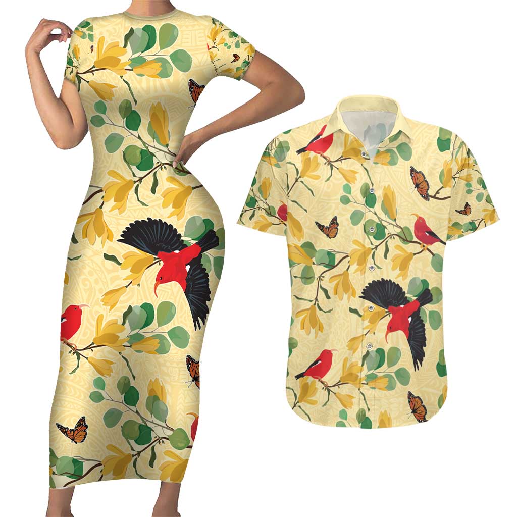 Aloha Hawaii Couples Matching Short Sleeve Bodycon Dress and Hawaiian Shirt I'iwi on Mamane Pastel Cream LT7 Light Yellow - Polynesian Pride
