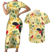 Aloha Hawaii Couples Matching Short Sleeve Bodycon Dress and Hawaiian Shirt I'iwi on Mamane Pastel Cream LT7 Light Yellow - Polynesian Pride