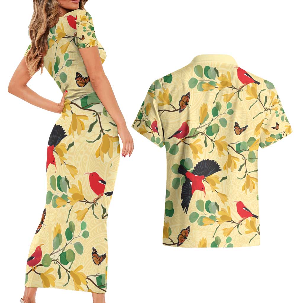 Aloha Hawaii Couples Matching Short Sleeve Bodycon Dress and Hawaiian Shirt I'iwi on Mamane Pastel Cream LT7 - Polynesian Pride