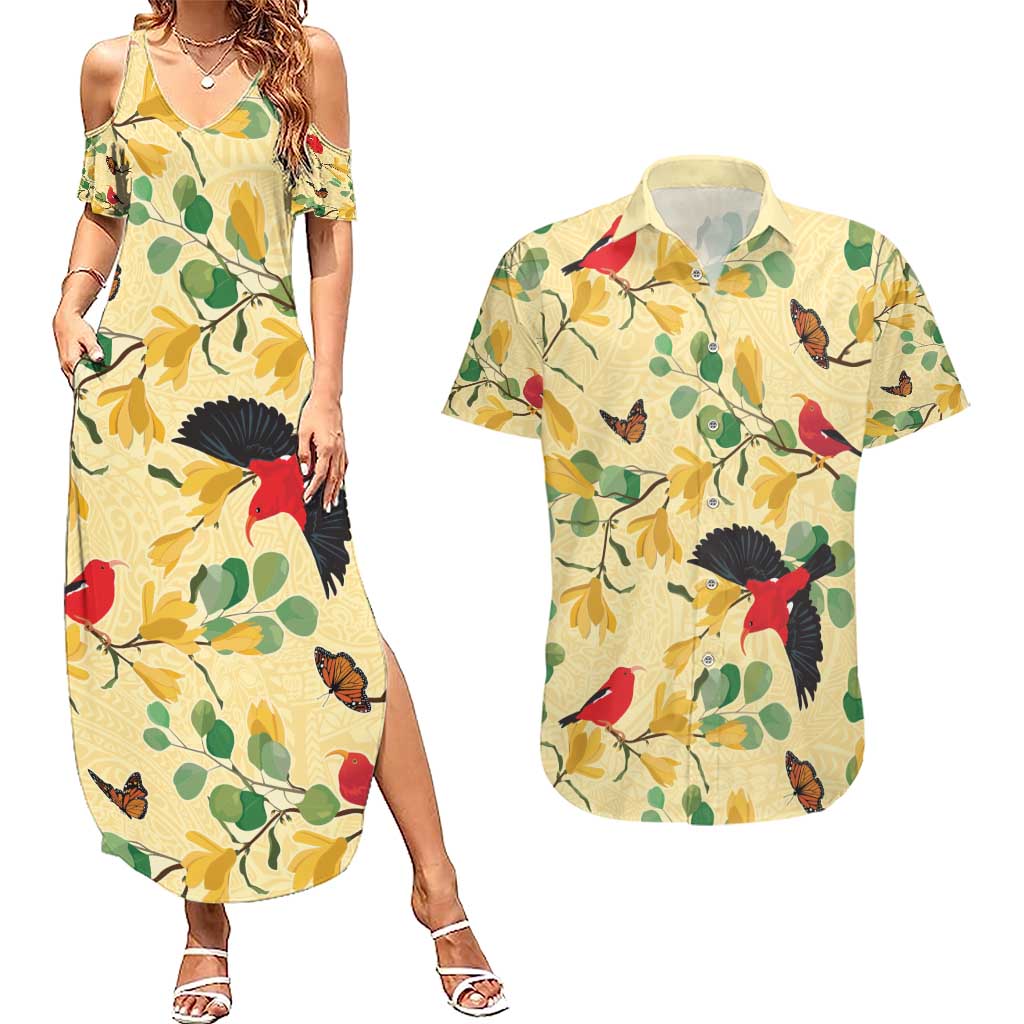 Aloha Hawaii Couples Matching Summer Maxi Dress and Hawaiian Shirt I'iwi on Mamane Pastel Cream LT7 Light Yellow - Polynesian Pride