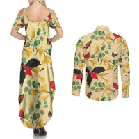 Aloha Hawaii Couples Matching Summer Maxi Dress and Long Sleeve Button Shirt I'iwi on Mamane Pastel Cream