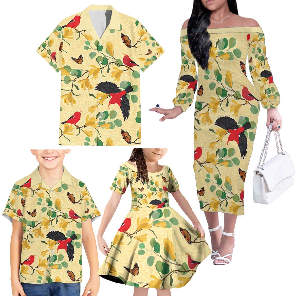 Aloha Hawaii Family Matching Off The Shoulder Long Sleeve Dress and Hawaiian Shirt I'iwi on Mamane Pastel Cream LT7 - Polynesian Pride