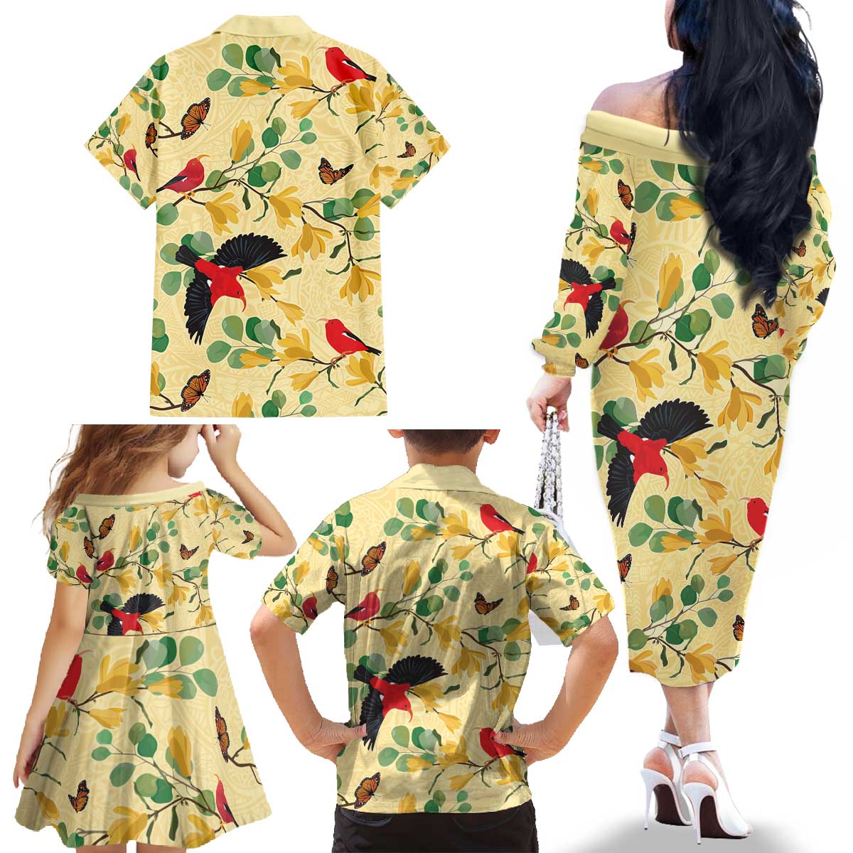 Aloha Hawaii Family Matching Off The Shoulder Long Sleeve Dress and Hawaiian Shirt I'iwi on Mamane Pastel Cream LT7 - Polynesian Pride