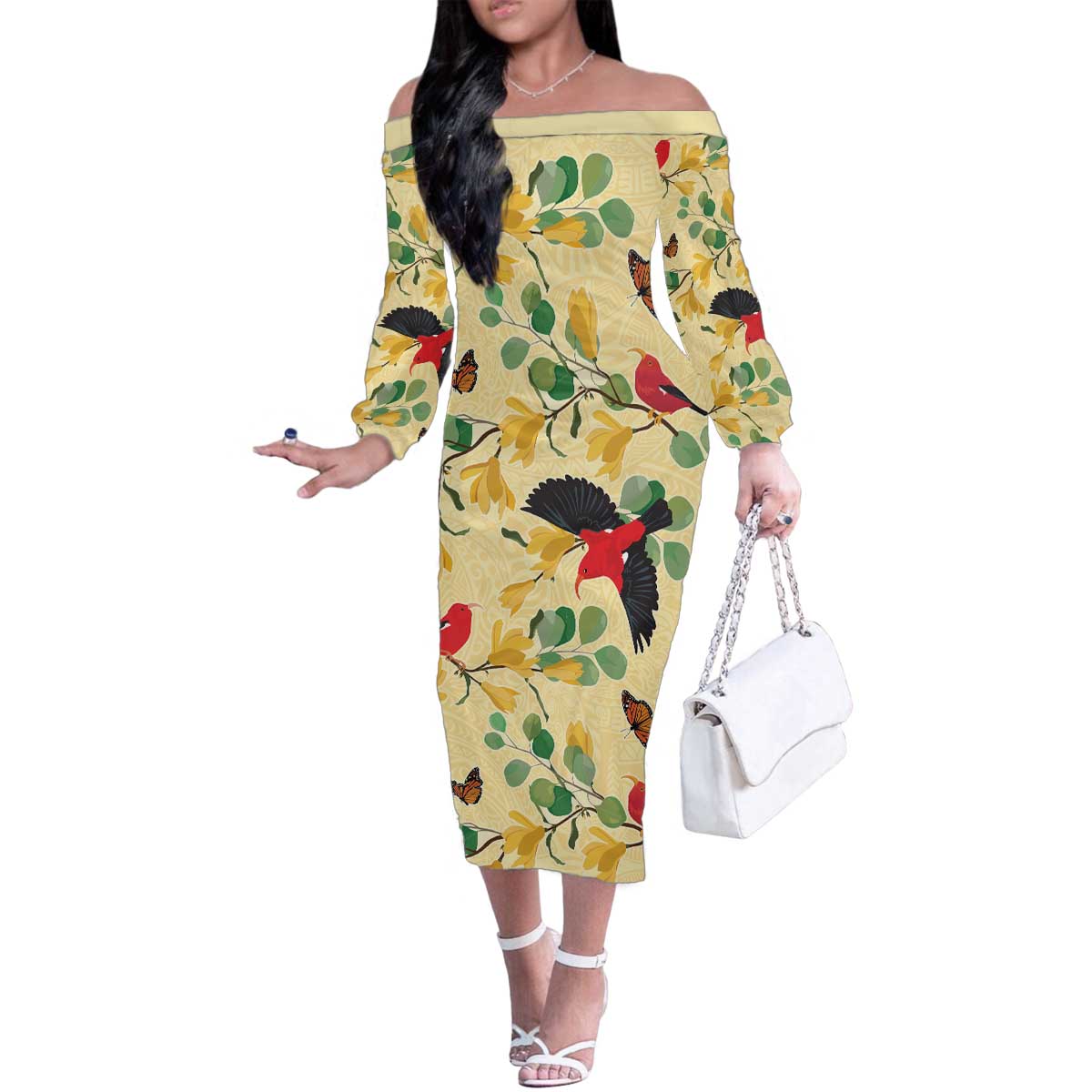 Aloha Hawaii Family Matching Off The Shoulder Long Sleeve Dress and Hawaiian Shirt I'iwi on Mamane Pastel Cream LT7 Mom's Dress Light Yellow - Polynesian Pride