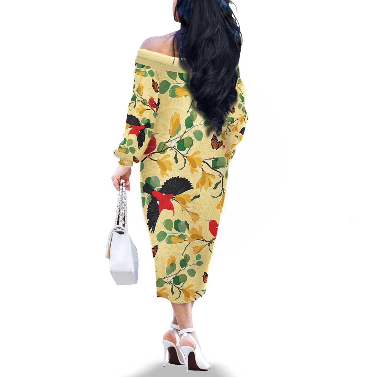 Aloha Hawaii Family Matching Off The Shoulder Long Sleeve Dress and Hawaiian Shirt I'iwi on Mamane Pastel Cream LT7 - Polynesian Pride