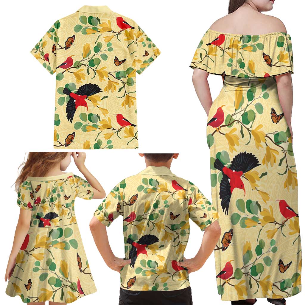Aloha Hawaii Family Matching Off Shoulder Maxi Dress and Hawaiian Shirt I'iwi on Mamane Pastel Cream LT7 - Polynesian Pride