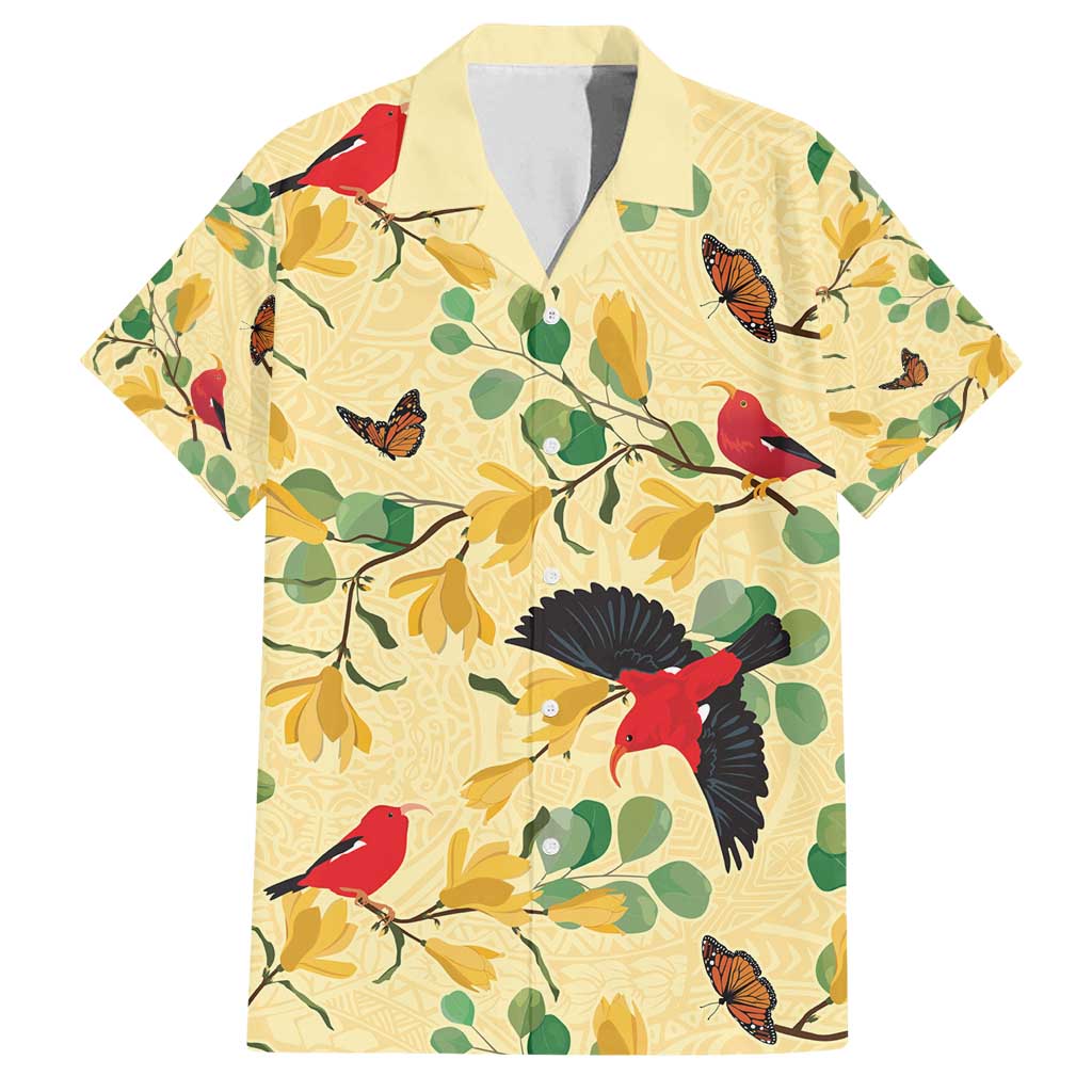 Aloha Hawaii Family Matching Off Shoulder Maxi Dress and Hawaiian Shirt I'iwi on Mamane Pastel Cream LT7 Dad's Shirt - Short Sleeve Light Yellow - Polynesian Pride