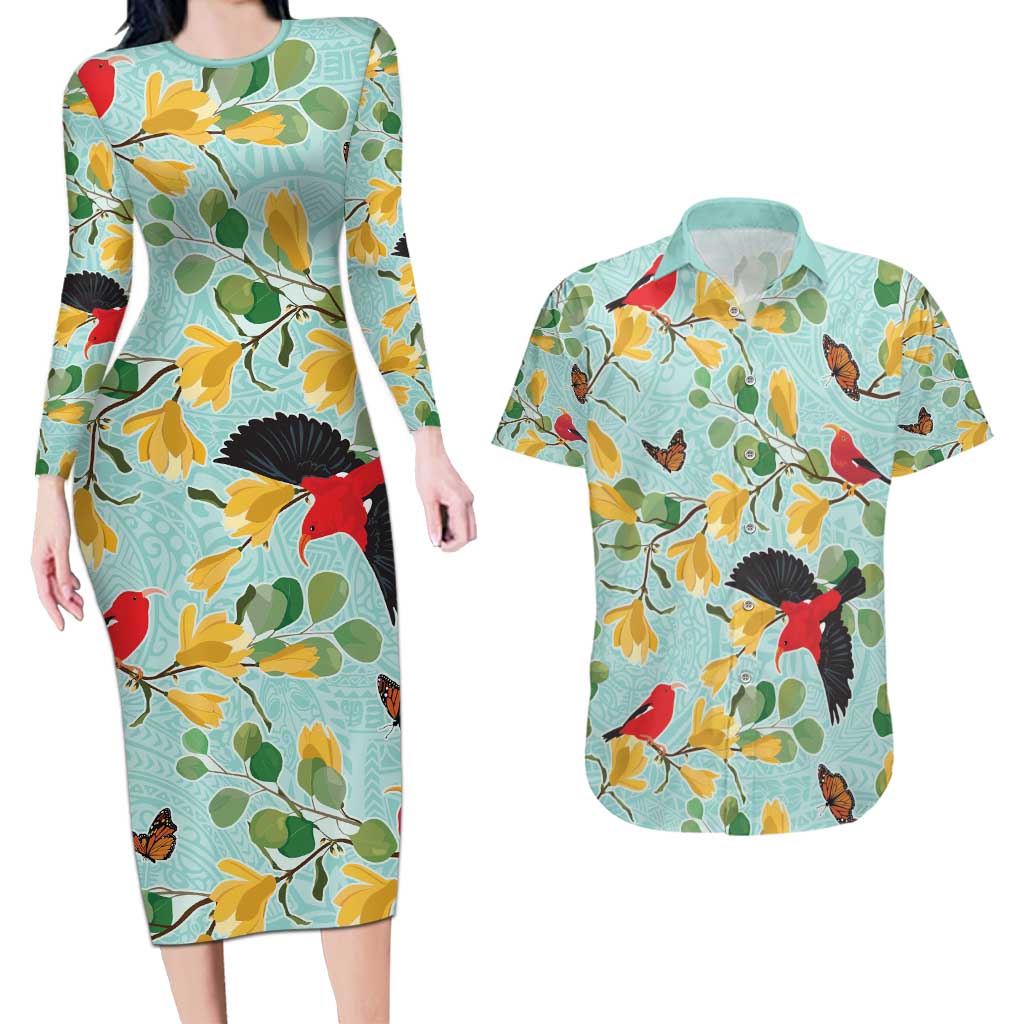 Aloha Hawaii Couples Matching Long Sleeve Bodycon Dress and Hawaiian Shirt I'iwi on Mamane Pastel Turquoise LT7 Turquoise - Polynesian Pride