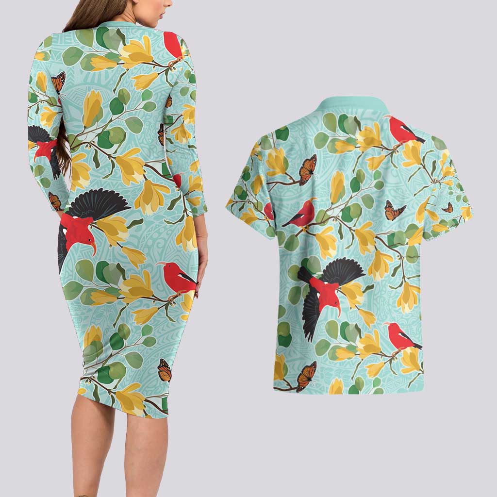 Aloha Hawaii Couples Matching Long Sleeve Bodycon Dress and Hawaiian Shirt I'iwi on Mamane Pastel Turquoise LT7 - Polynesian Pride