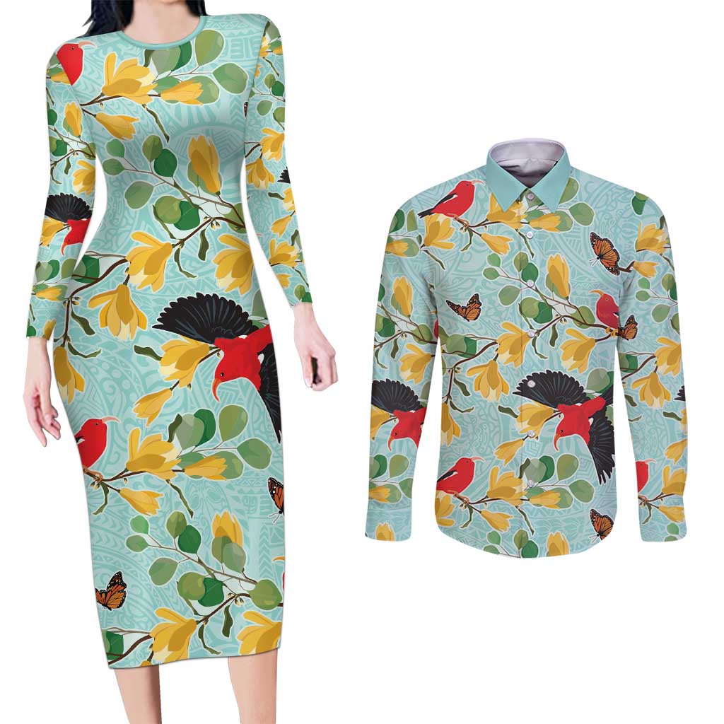 Aloha Hawaii Couples Matching Long Sleeve Bodycon Dress and Long Sleeve Button Shirt I'iwi on Mamane Pastel Turquoise