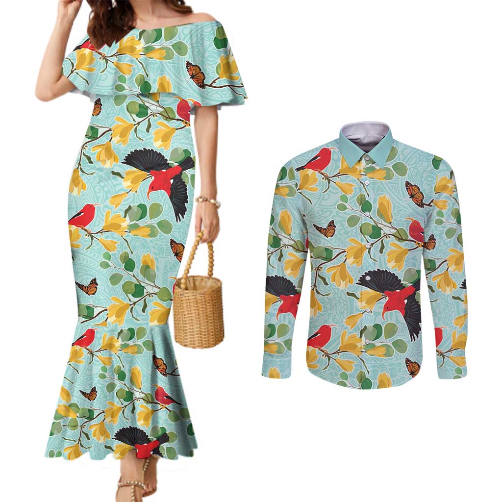 Aloha Hawaii Couples Matching Mermaid Dress and Long Sleeve Button Shirt I'iwi on Mamane Pastel Turquoise