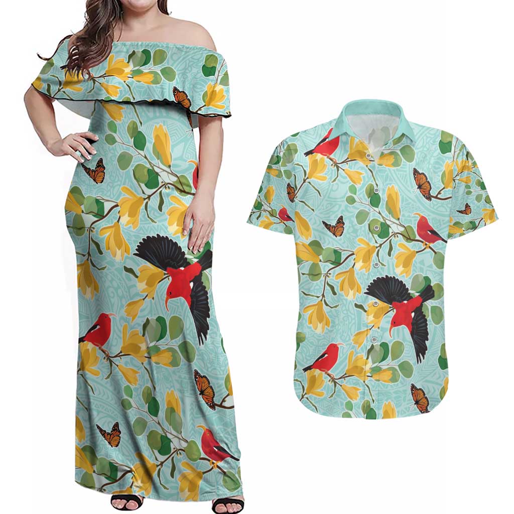 Aloha Hawaii Couples Matching Off Shoulder Maxi Dress and Hawaiian Shirt I'iwi on Mamane Pastel Turquoise LT7 Turquoise - Polynesian Pride