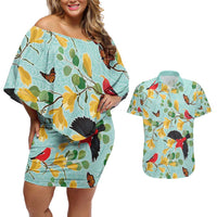 Aloha Hawaii Couples Matching Off Shoulder Short Dress and Hawaiian Shirt I'iwi on Mamane Pastel Turquoise LT7 Turquoise - Polynesian Pride