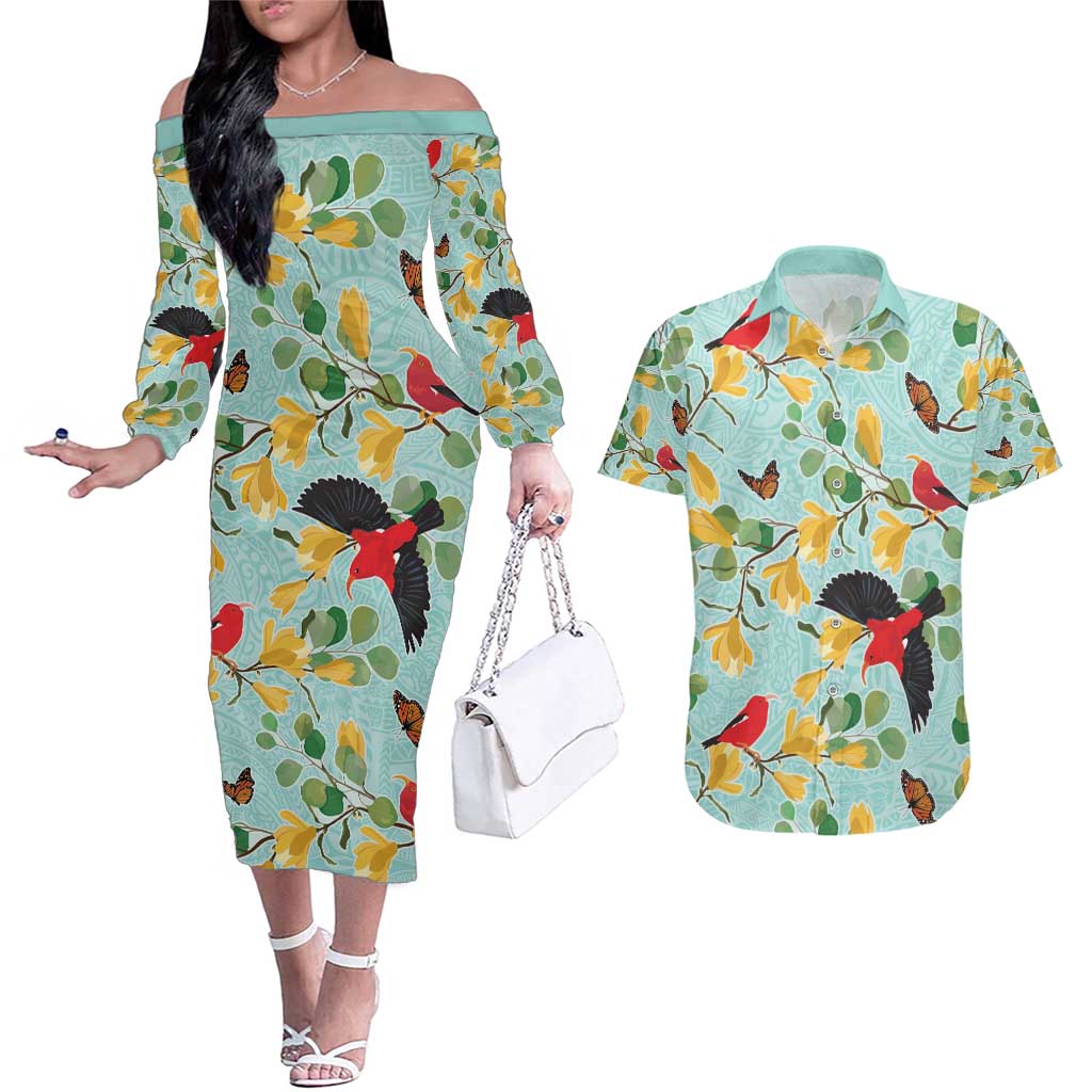 Aloha Hawaii Couples Matching Off The Shoulder Long Sleeve Dress and Hawaiian Shirt I'iwi on Mamane Pastel Turquoise LT7 Turquoise - Polynesian Pride