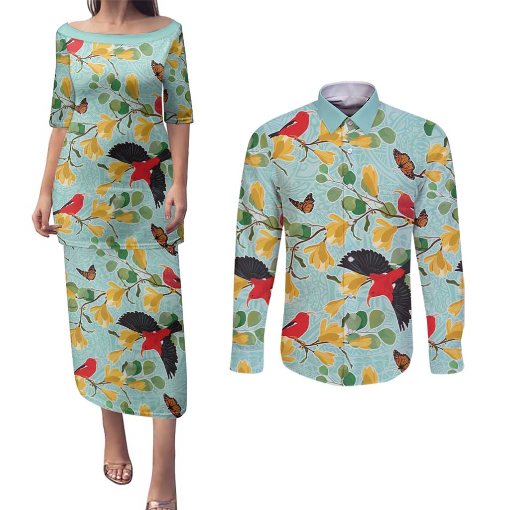 Aloha Hawaii Couples Matching Puletasi and Long Sleeve Button Shirt I'iwi on Mamane Pastel Turquoise LT7 Turquoise - Polynesian Pride