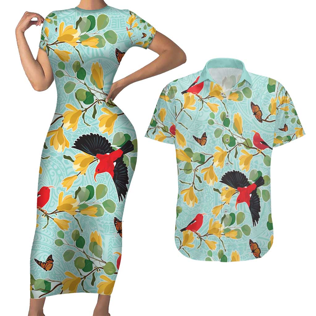 Aloha Hawaii Couples Matching Short Sleeve Bodycon Dress and Hawaiian Shirt I'iwi on Mamane Pastel Turquoise LT7 Turquoise - Polynesian Pride