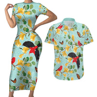 Aloha Hawaii Couples Matching Short Sleeve Bodycon Dress and Hawaiian Shirt I'iwi on Mamane Pastel Turquoise LT7 Turquoise - Polynesian Pride