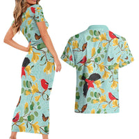 Aloha Hawaii Couples Matching Short Sleeve Bodycon Dress and Hawaiian Shirt I'iwi on Mamane Pastel Turquoise LT7 - Polynesian Pride