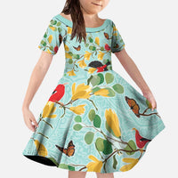 Aloha Hawaii Family Matching Off The Shoulder Long Sleeve Dress and Hawaiian Shirt I'iwi on Mamane Pastel Turquoise LT7 Daughter's Dress Turquoise - Polynesian Pride