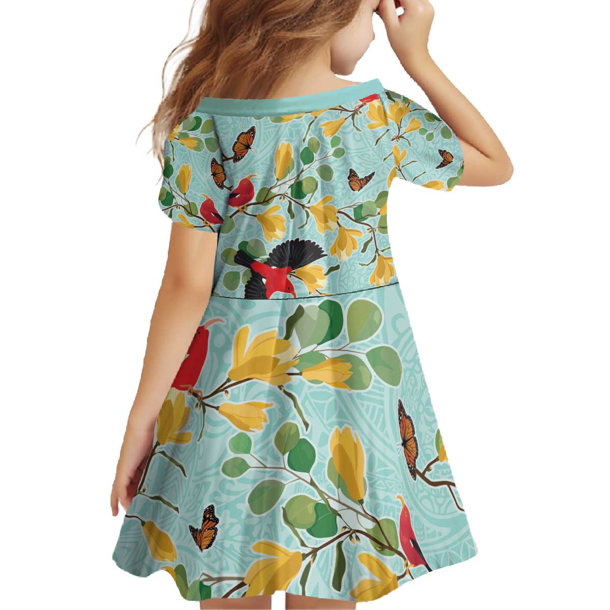 Aloha Hawaii Family Matching Off The Shoulder Long Sleeve Dress and Hawaiian Shirt I'iwi on Mamane Pastel Turquoise LT7 - Polynesian Pride