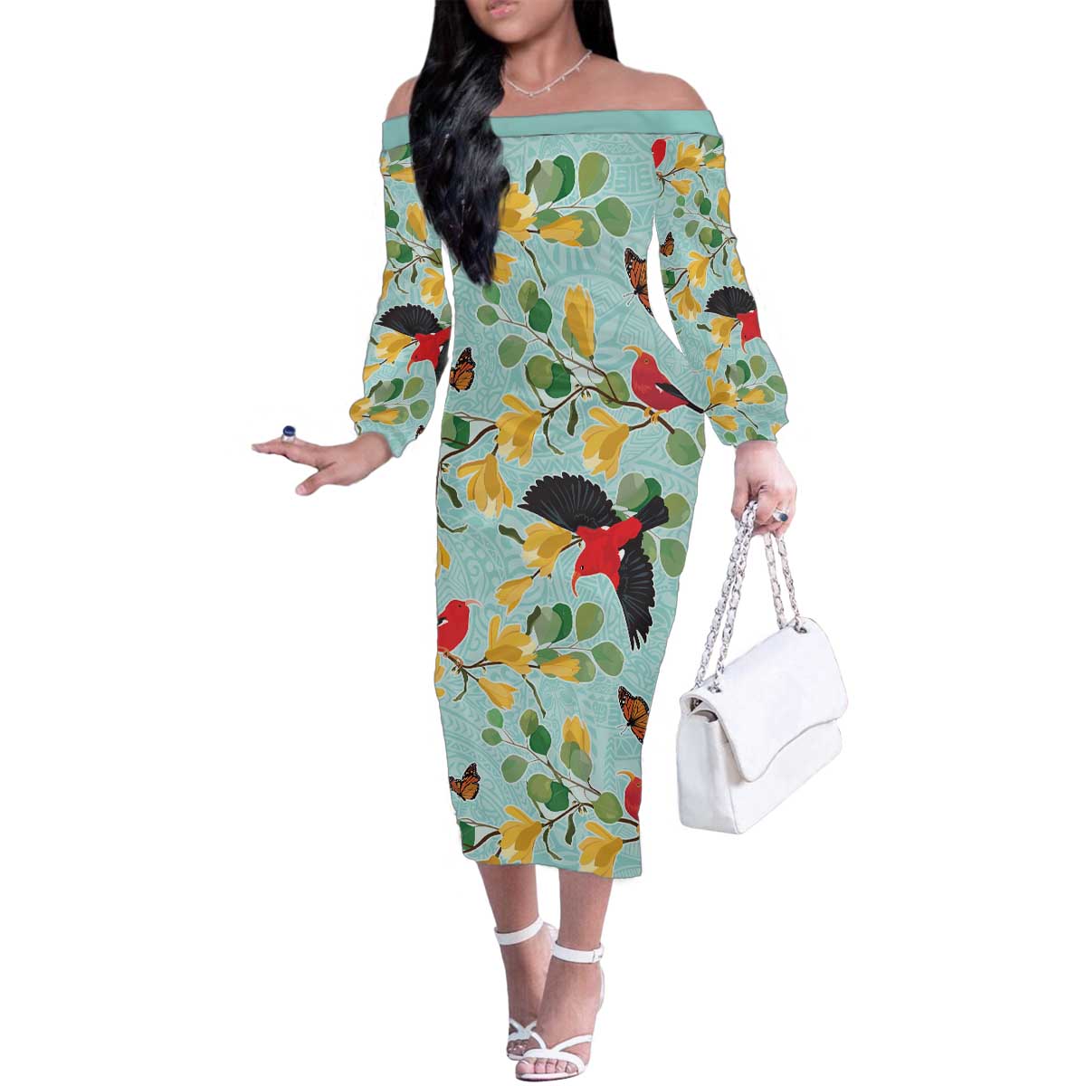 Aloha Hawaii Family Matching Off The Shoulder Long Sleeve Dress and Hawaiian Shirt I'iwi on Mamane Pastel Turquoise LT7 Mom's Dress Turquoise - Polynesian Pride