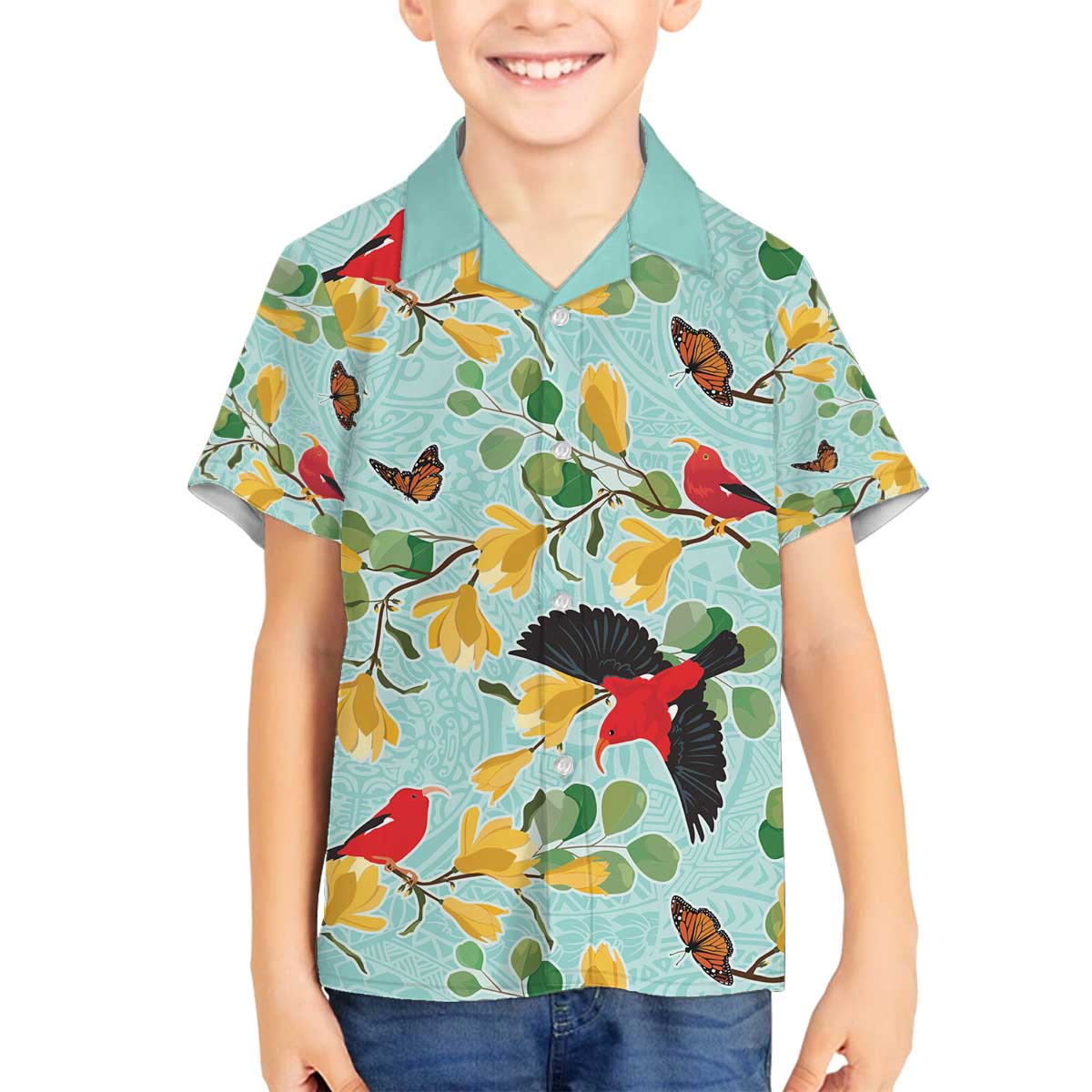 Aloha Hawaii Family Matching Off The Shoulder Long Sleeve Dress and Hawaiian Shirt I'iwi on Mamane Pastel Turquoise LT7 Son's Shirt Turquoise - Polynesian Pride