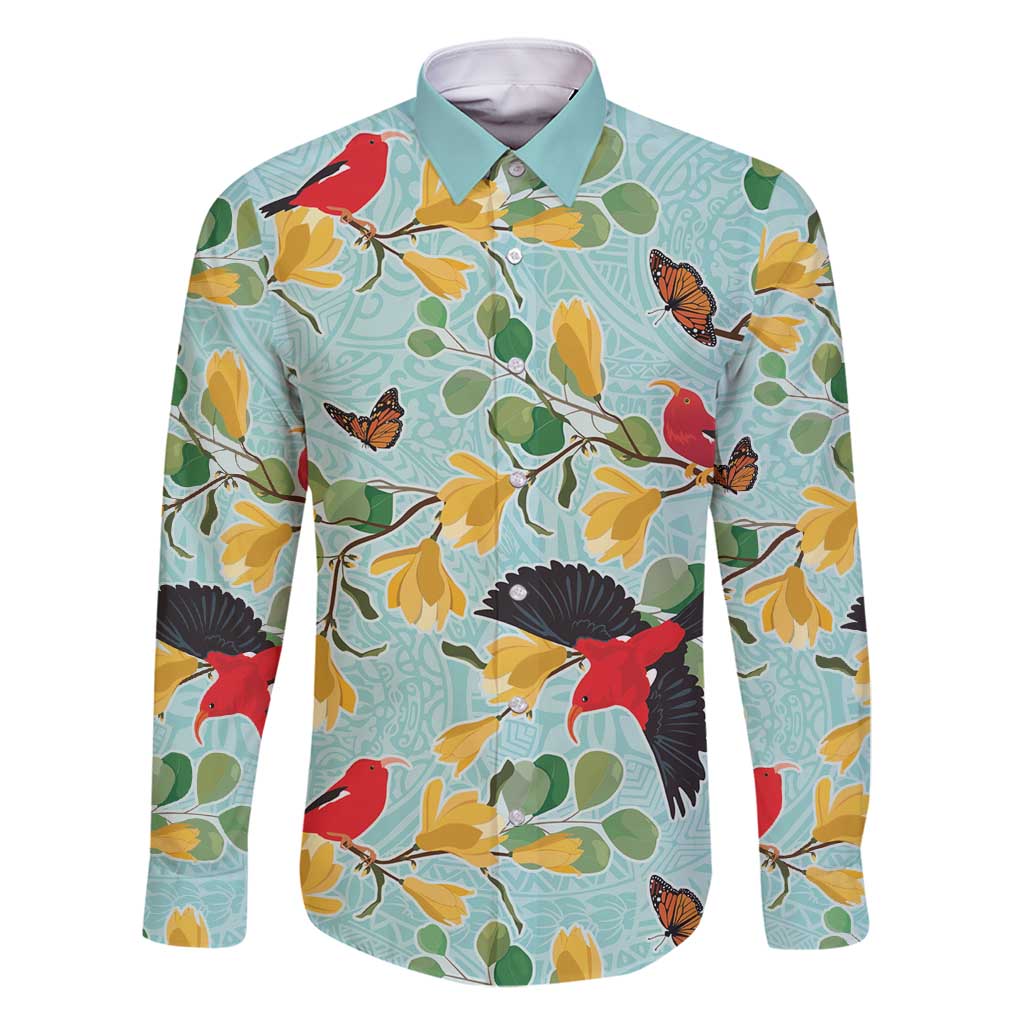 Aloha Hawaii Family Matching Off Shoulder Maxi Dress and Hawaiian Shirt I'iwi on Mamane Pastel Turquoise LT7 Dad's Shirt - Long Sleeve Turquoise - Polynesian Pride