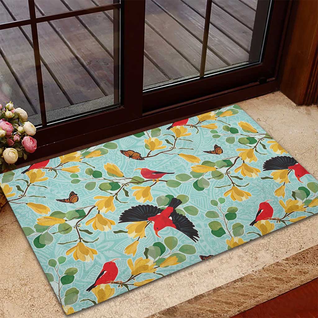 Aloha Hawaii Rubber Doormat I'iwi on Mamane Pastel Turquoise