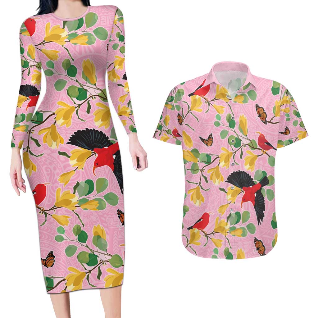 Aloha Hawaii Couples Matching Long Sleeve Bodycon Dress and Hawaiian Shirt I'iwi on Mamane Pastel Pink LT7 Pink - Polynesian Pride