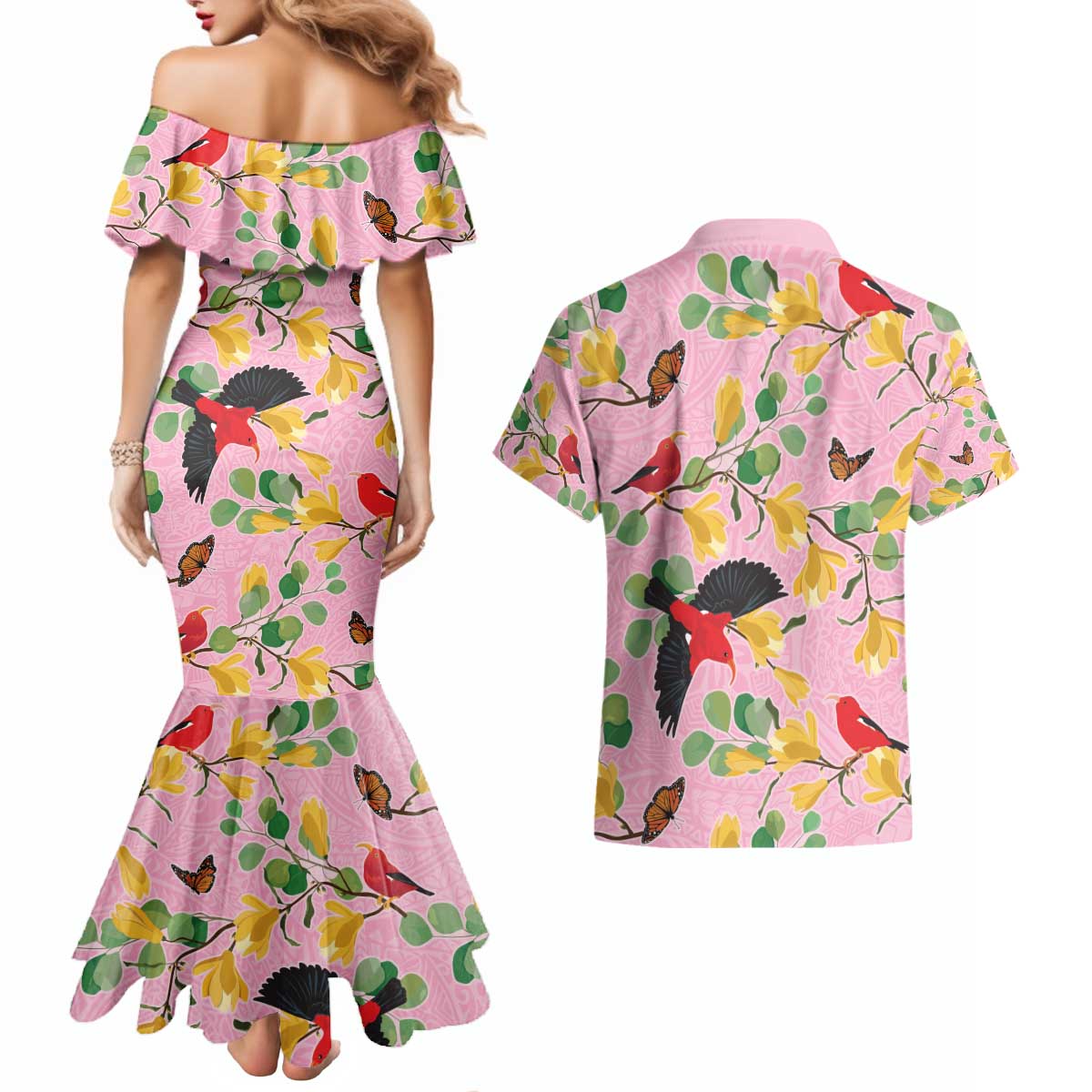Aloha Hawaii Couples Matching Mermaid Dress and Hawaiian Shirt I'iwi on Mamane Pastel Pink LT7 - Polynesian Pride