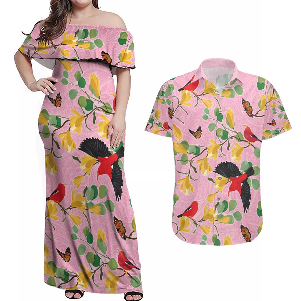 Aloha Hawaii Couples Matching Off Shoulder Maxi Dress and Hawaiian Shirt I'iwi on Mamane Pastel Pink LT7 Pink - Polynesian Pride