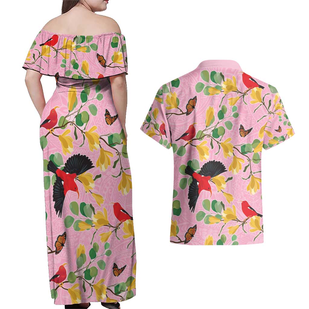 Aloha Hawaii Couples Matching Off Shoulder Maxi Dress and Hawaiian Shirt I'iwi on Mamane Pastel Pink LT7 - Polynesian Pride