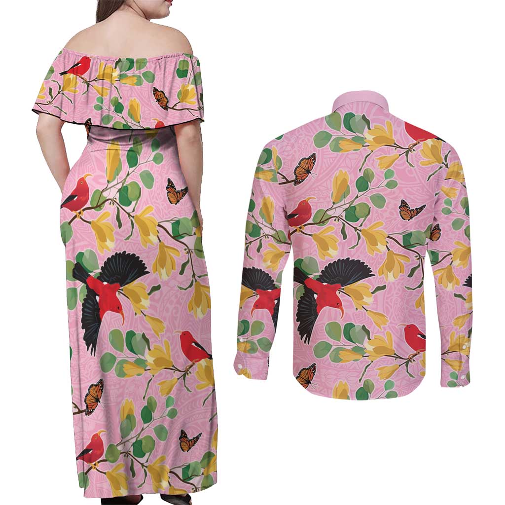 Aloha Hawaii Couples Matching Off Shoulder Maxi Dress and Long Sleeve Button Shirt I'iwi on Mamane Pastel Pink