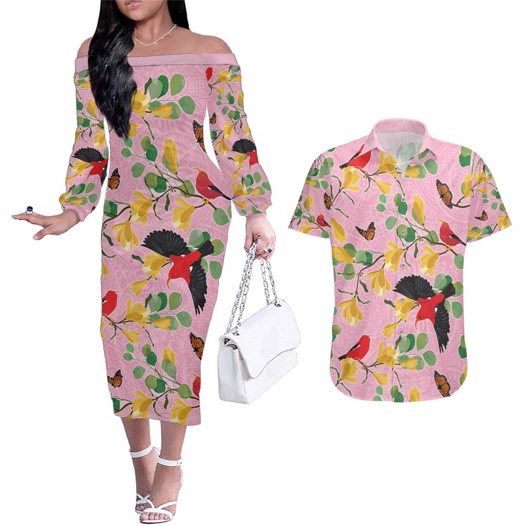 Aloha Hawaii Couples Matching Off The Shoulder Long Sleeve Dress and Hawaiian Shirt I'iwi on Mamane Pastel Pink LT7 Pink - Polynesian Pride
