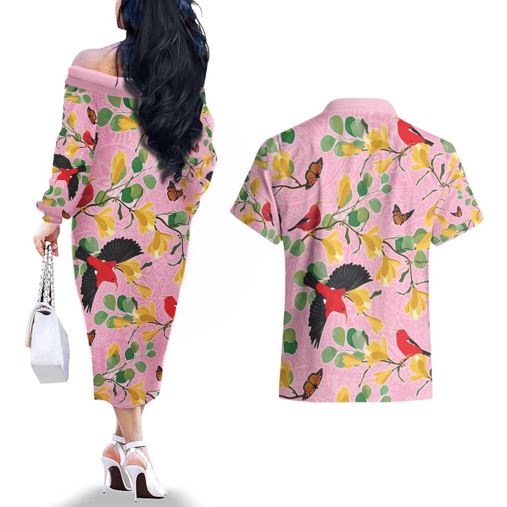 Aloha Hawaii Couples Matching Off The Shoulder Long Sleeve Dress and Hawaiian Shirt I'iwi on Mamane Pastel Pink LT7 - Polynesian Pride