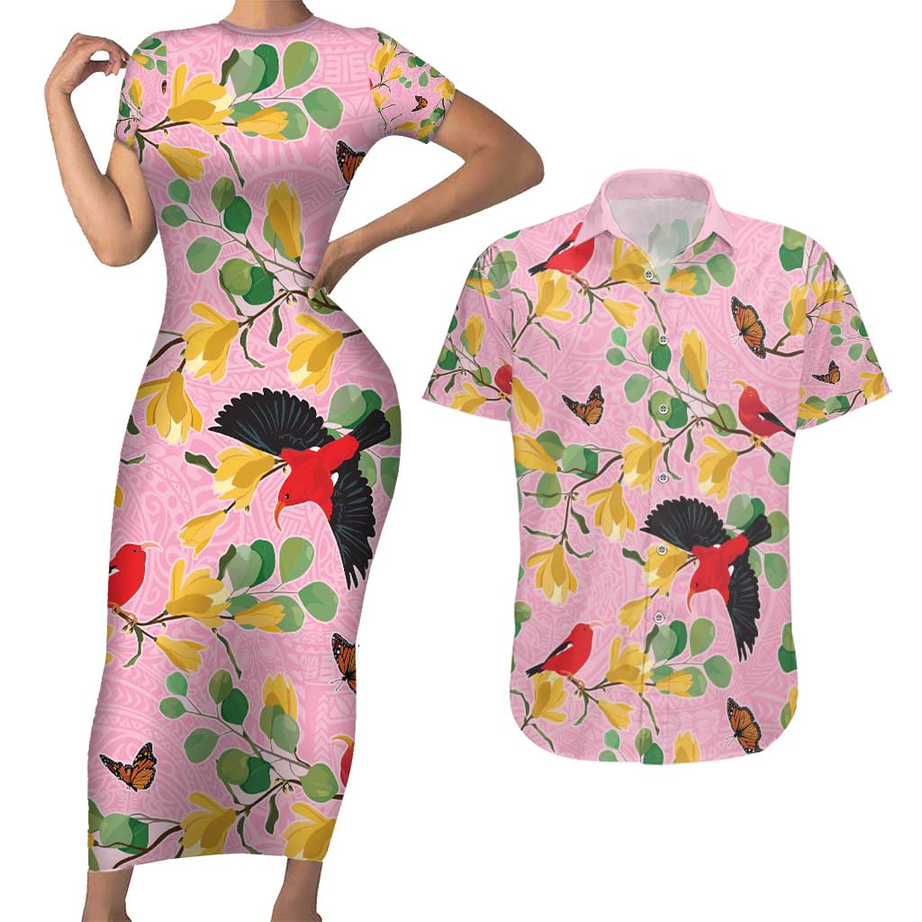 Aloha Hawaii Couples Matching Short Sleeve Bodycon Dress and Hawaiian Shirt I'iwi on Mamane Pastel Pink LT7 Pink - Polynesian Pride