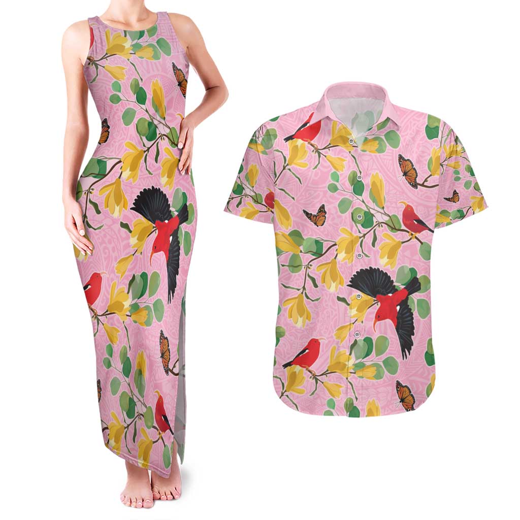 Aloha Hawaii Couples Matching Tank Maxi Dress and Hawaiian Shirt I'iwi on Mamane Pastel Pink