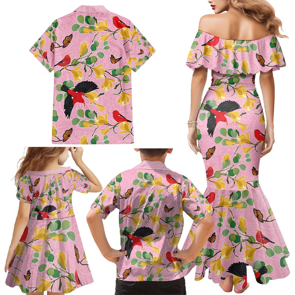 Aloha Hawaii Family Matching Mermaid Dress and Hawaiian Shirt I'iwi on Mamane Pastel Pink LT7 - Polynesian Pride