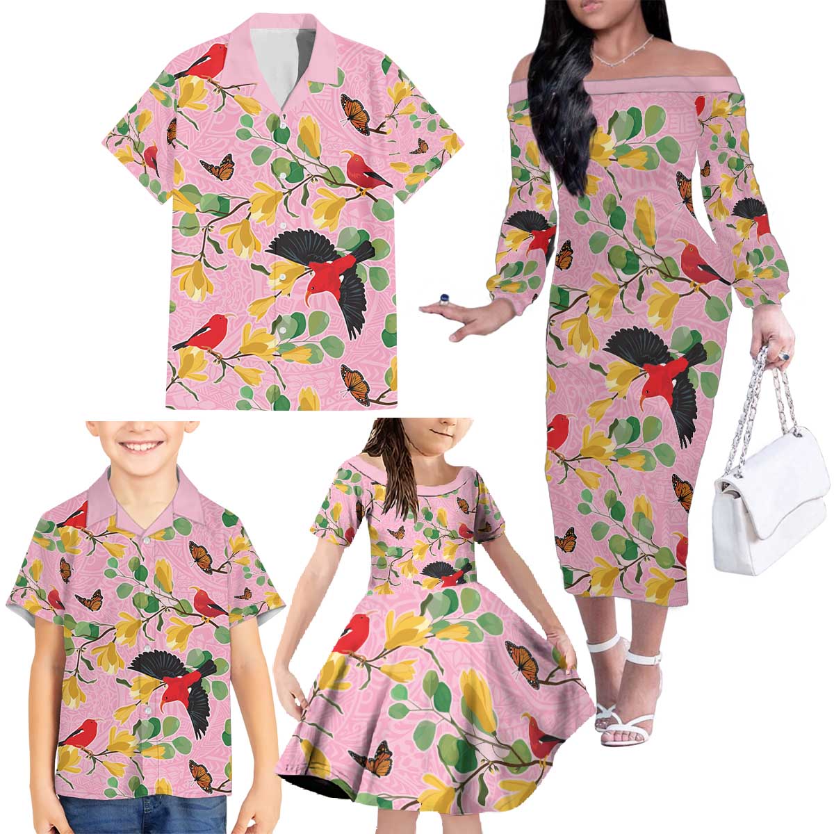 Aloha Hawaii Family Matching Off The Shoulder Long Sleeve Dress and Hawaiian Shirt I'iwi on Mamane Pastel Pink LT7 - Polynesian Pride