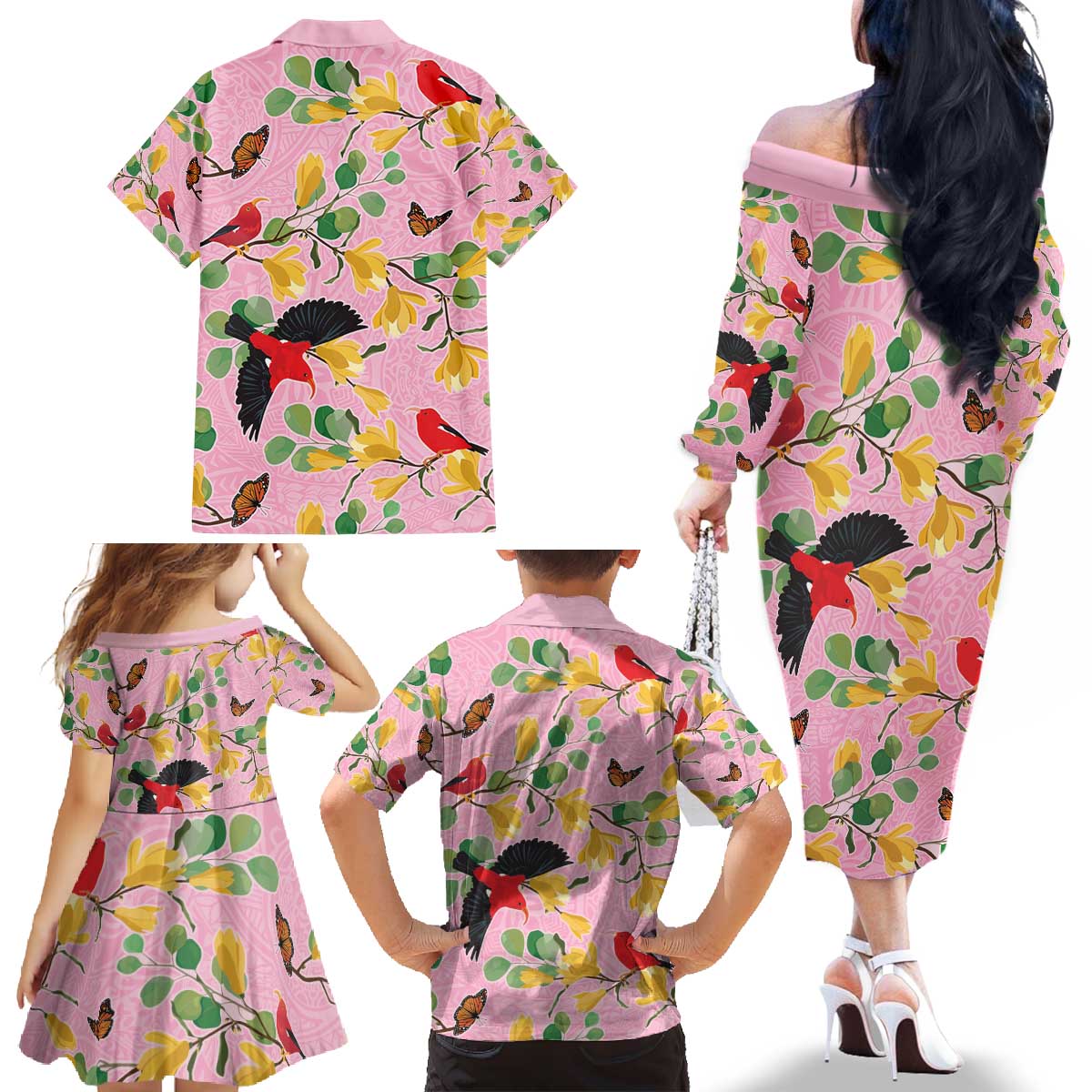 Aloha Hawaii Family Matching Off The Shoulder Long Sleeve Dress and Hawaiian Shirt I'iwi on Mamane Pastel Pink LT7 - Polynesian Pride