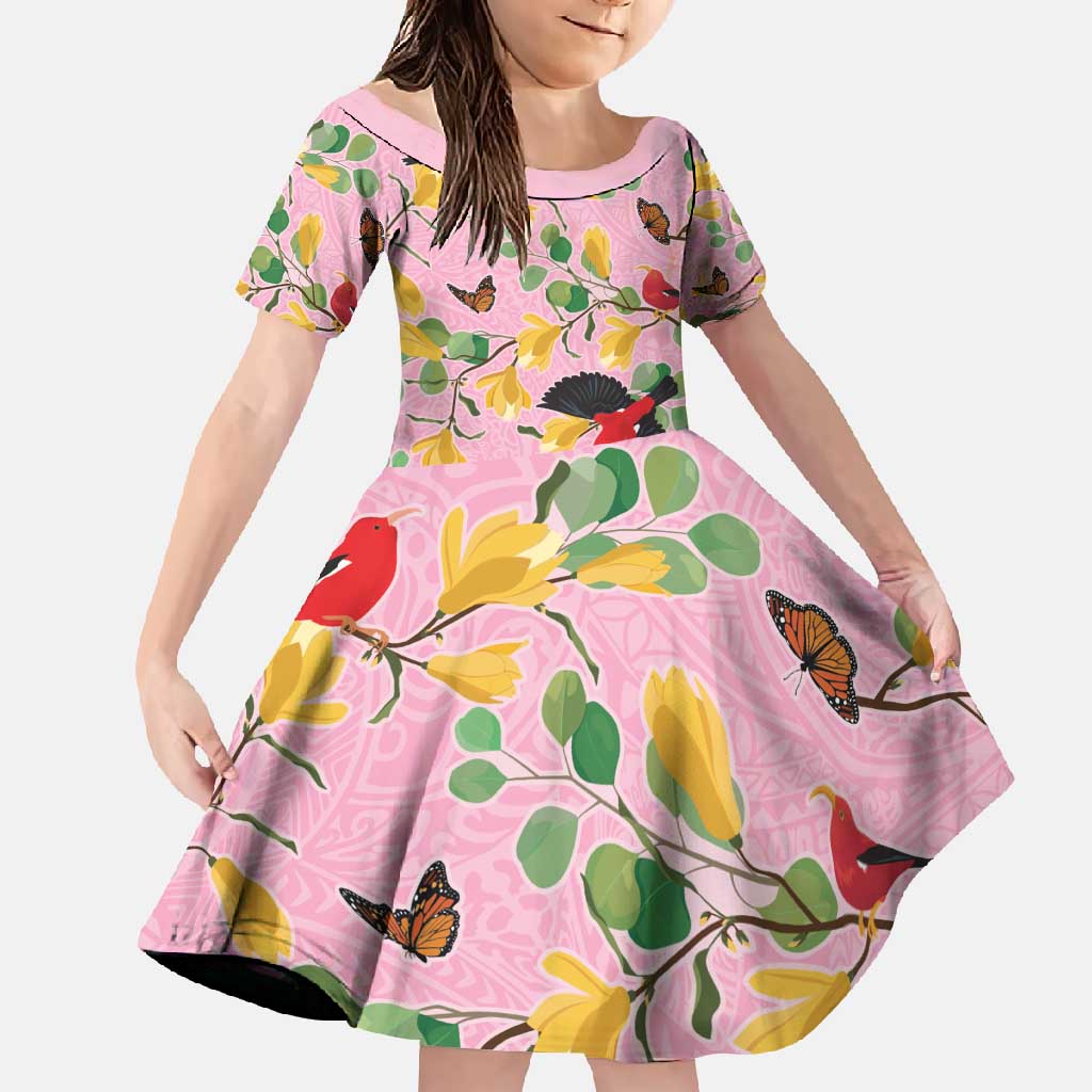 Aloha Hawaii Family Matching Off Shoulder Maxi Dress and Hawaiian Shirt I'iwi on Mamane Pastel Pink LT7 Daughter's Dress Pink - Polynesian Pride