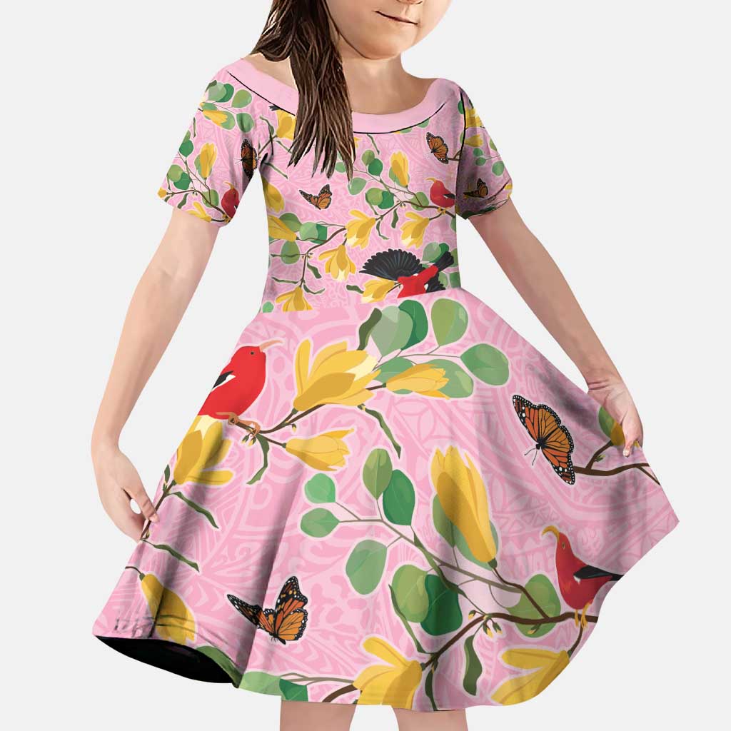 Aloha Hawaii Family Matching Puletasi and Hawaiian Shirt I'iwi on Mamane Pastel Pink LT7 Daughter's Dress Pink - Polynesian Pride