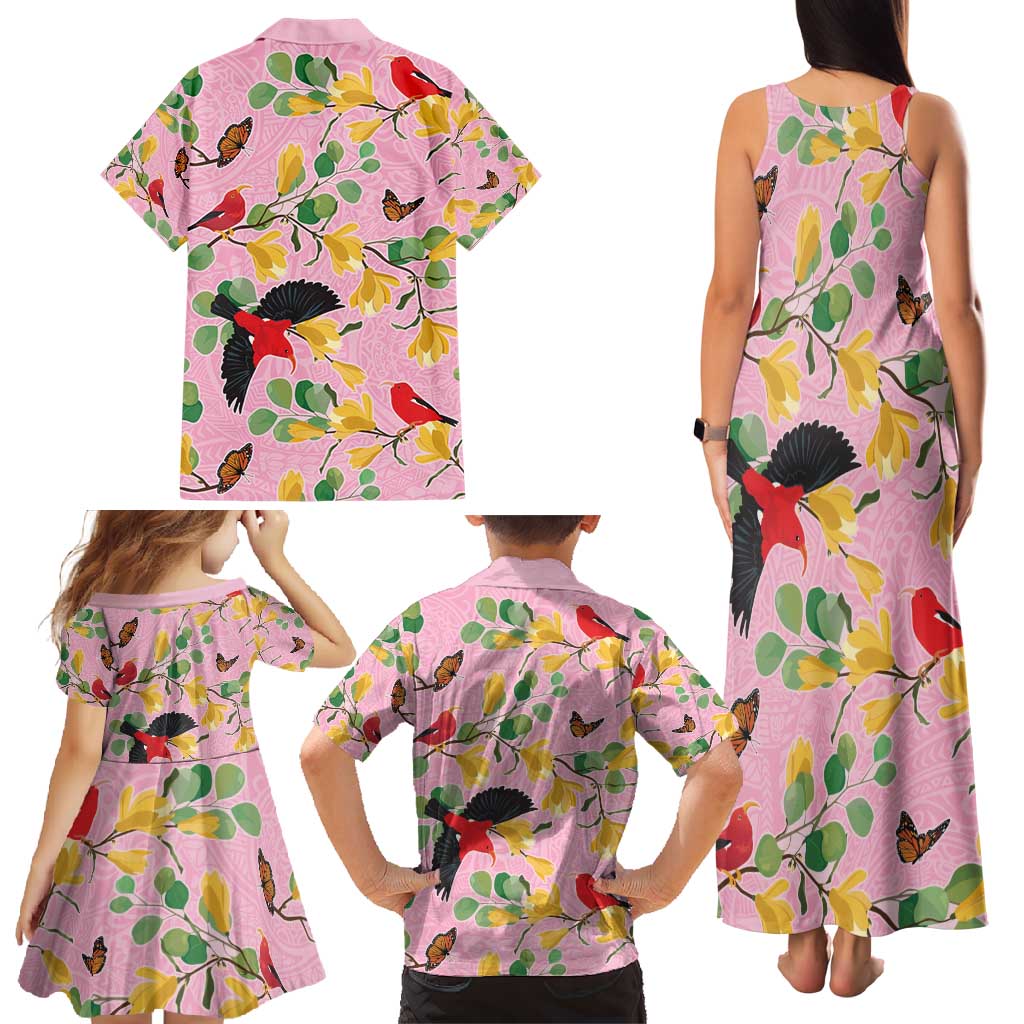 Aloha Hawaii Family Matching Tank Maxi Dress and Hawaiian Shirt I'iwi on Mamane Pastel Pink
