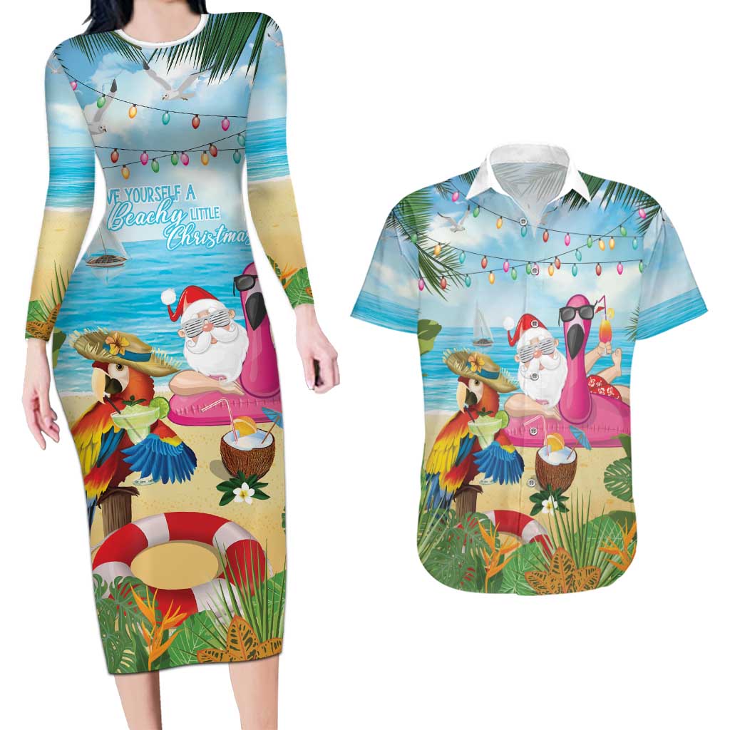 Have Yourself A Beachy Little Christmas Couples Matching Long Sleeve Bodycon Dress and Hawaiian Shirt with Santa Chilling LT7 Colorful - Polynesian Pride