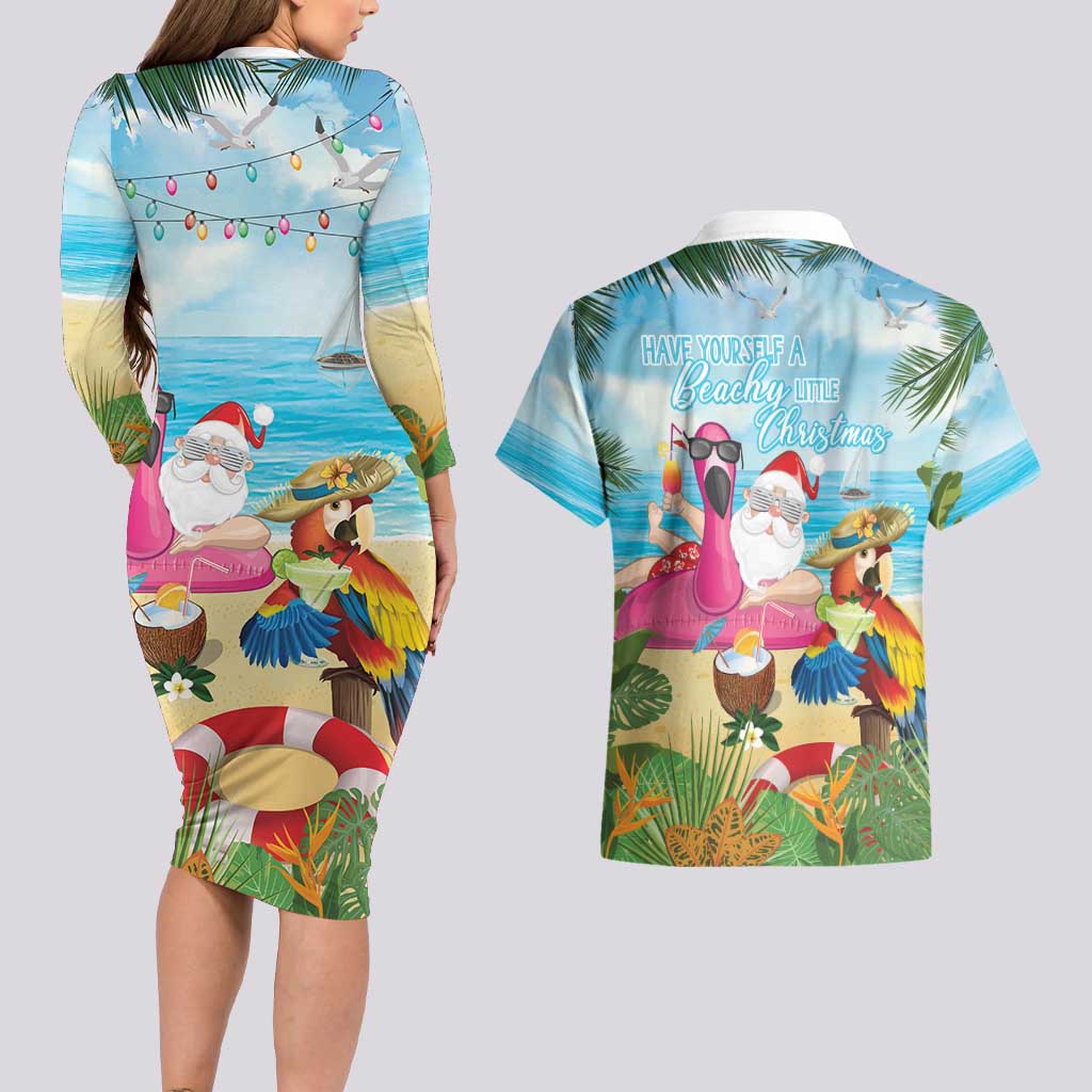 Have Yourself A Beachy Little Christmas Couples Matching Long Sleeve Bodycon Dress and Hawaiian Shirt with Santa Chilling LT7 - Polynesian Pride