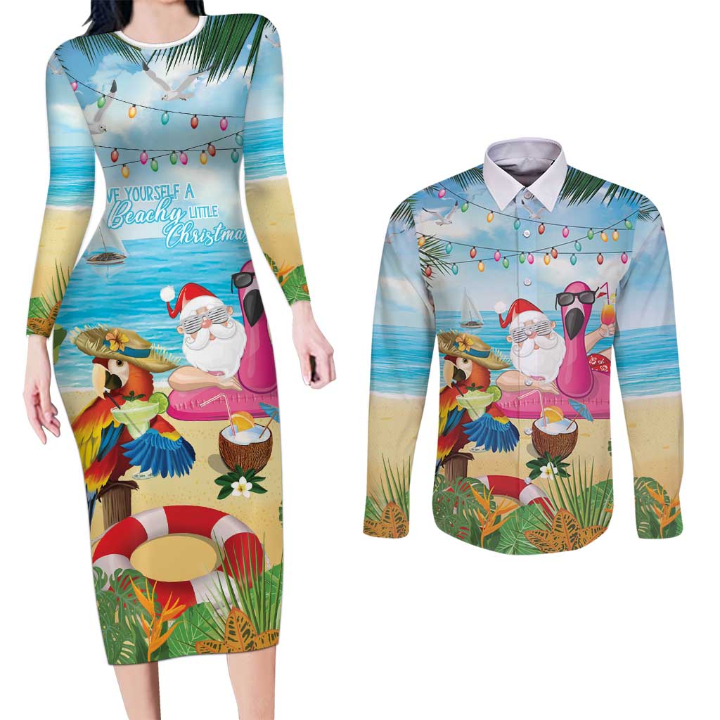 Have Yourself A Beachy Little Christmas Couples Matching Long Sleeve Bodycon Dress and Long Sleeve Button Shirt with Santa Chilling LT7 Colorful - Polynesian Pride