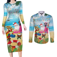 Have Yourself A Beachy Little Christmas Couples Matching Long Sleeve Bodycon Dress and Long Sleeve Button Shirt with Santa Chilling LT7 Colorful - Polynesian Pride