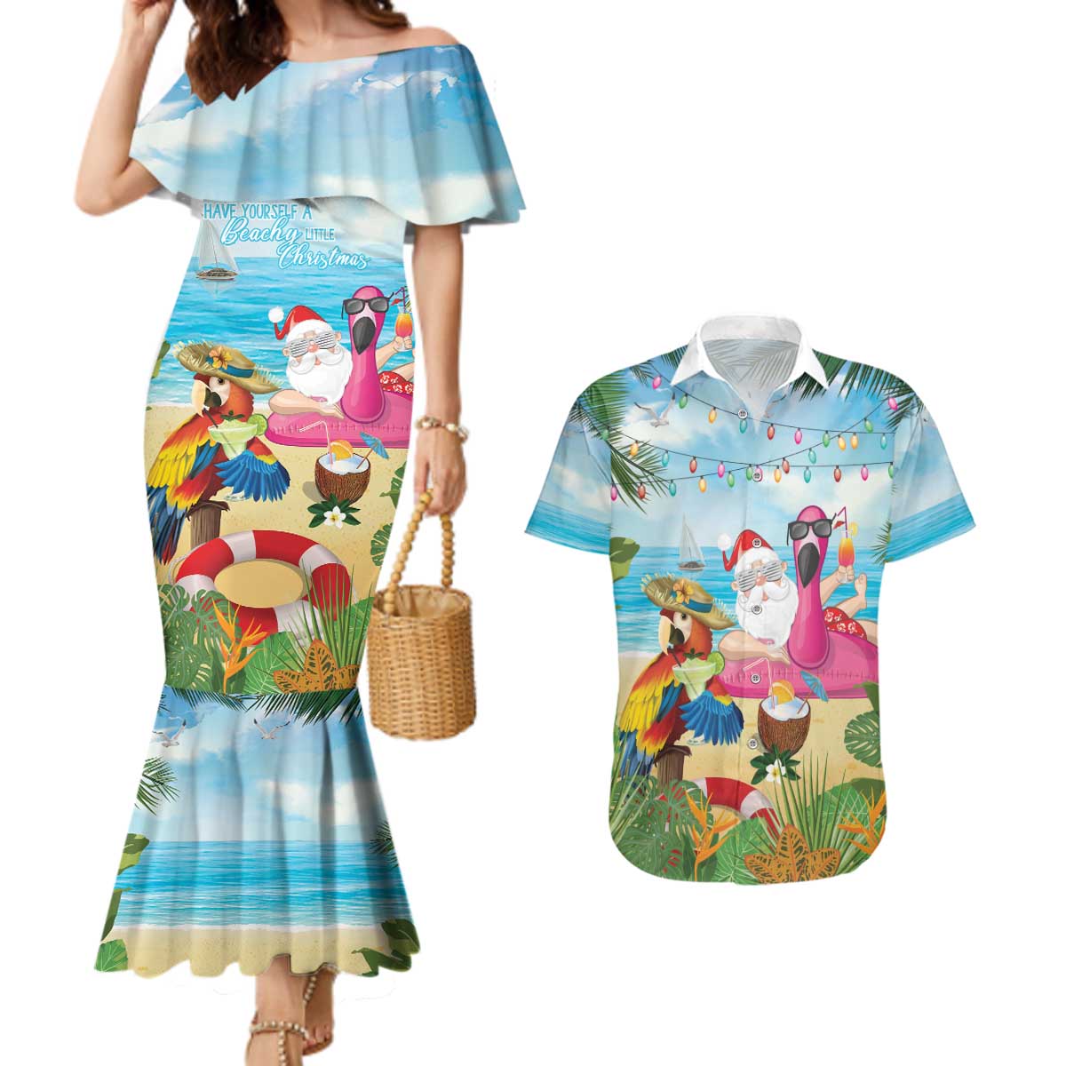 Have Yourself A Beachy Little Christmas Couples Matching Mermaid Dress and Hawaiian Shirt with Santa Chilling LT7 Colorful - Polynesian Pride