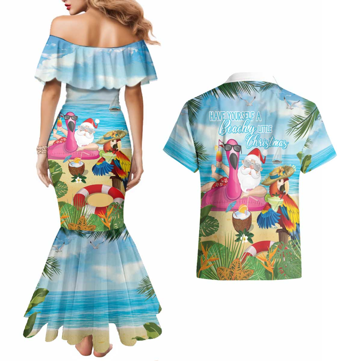 Have Yourself A Beachy Little Christmas Couples Matching Mermaid Dress and Hawaiian Shirt with Santa Chilling LT7 - Polynesian Pride